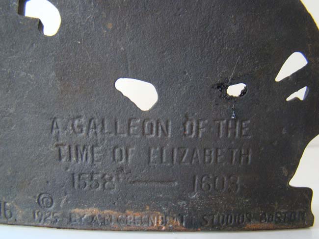 A pair of antique bookends inscribed "A Galleon of the time of Elizabeth 1558-1603" by A.M. Greenblat Studios, Boston, 1925. — image 2